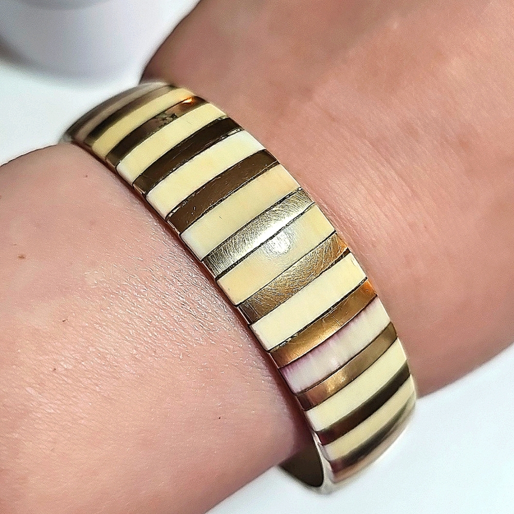 Vintage Bone Inlay Brass Bangle